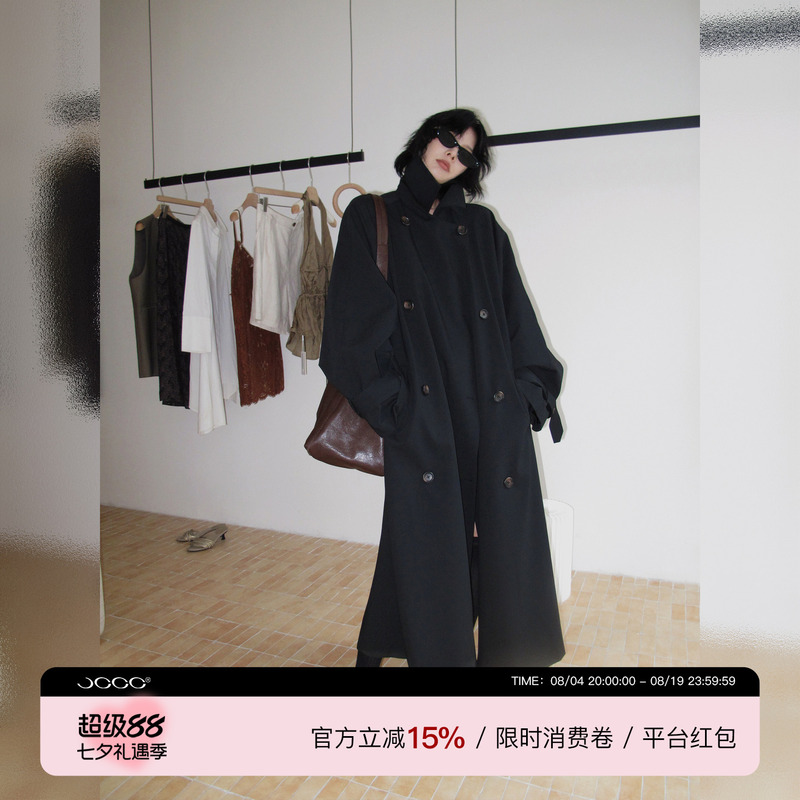 Jccc Shadow [Larch] Two-Tone Silhouette Stand-Up Collar Classic Versatile Mid-Length Autumn and Winter Trench Coat for Women