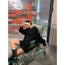 JCCC shadow sweater female Korean round neck loose pullover mid-length black off-the-shoulder top autumn ins tide