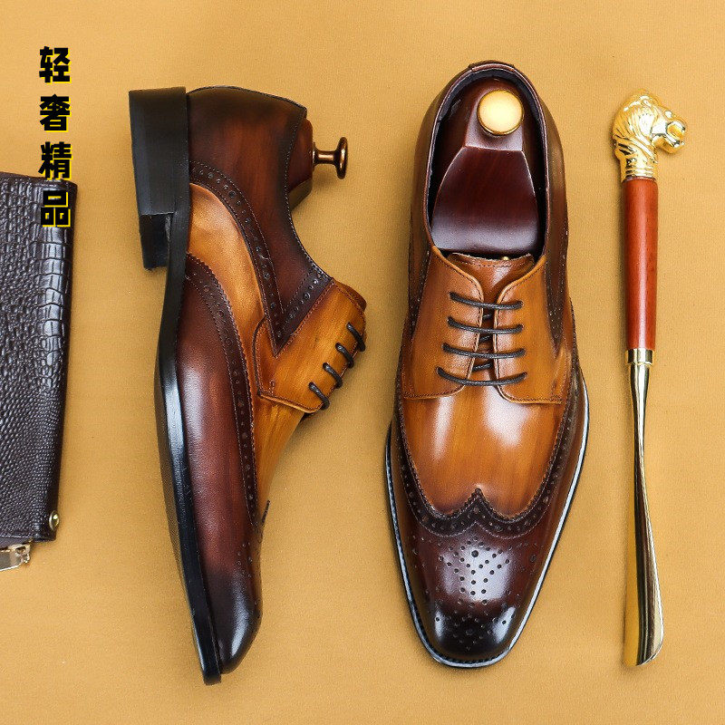Italian handmade men's shoes leather British Brock business casual leather shoes lace-up carved color matching Derby shoes trend