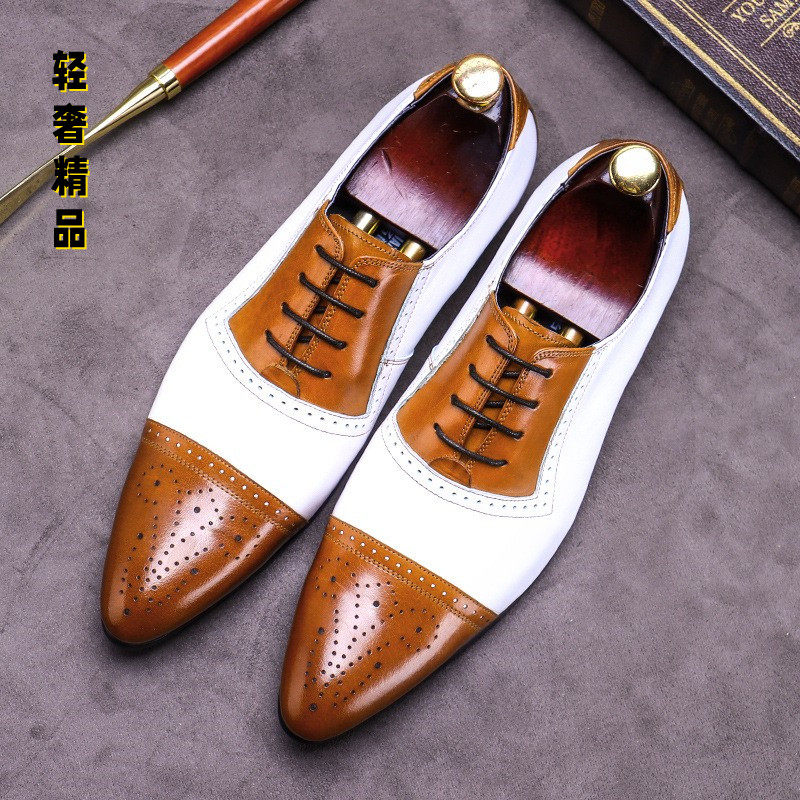 Fashion color matching casual leather shoes men's British pointed brogue shoes 2021 new photo studio wedding wedding groom shoes