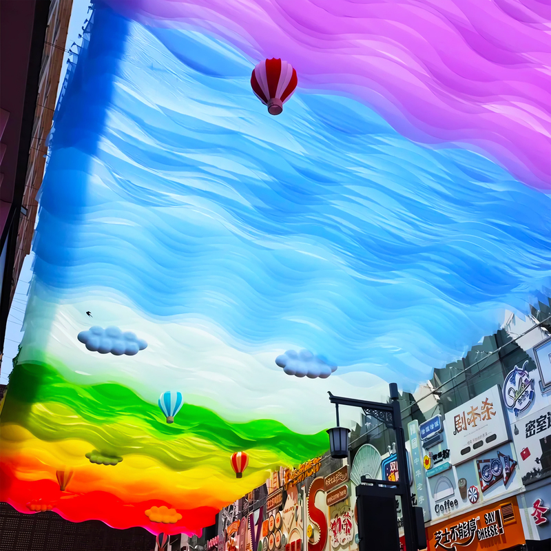 Trendy Colorful Wave-Patterned Ceiling Drapes with Gradient Neon Sunshade for Scenic Spots and Ancient Towns, Perfect for Photo Shoots and Decoration