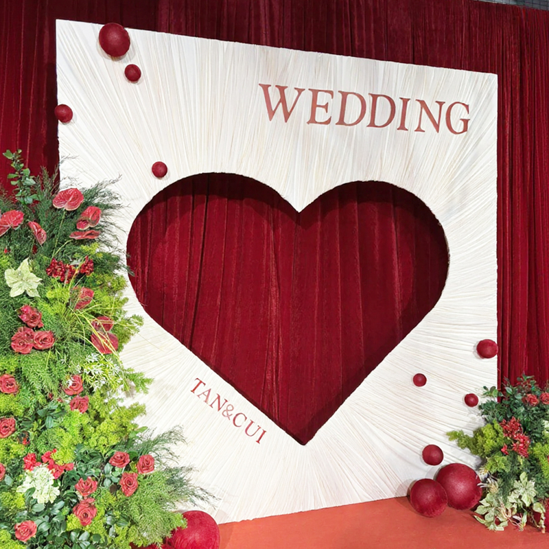 Wedding Props Heart-Shaped Backdrop Stand Welcome Heart-Shaped Iron Stand Wedding Heart-Shaped Iron Frame Off-White Fabric Curtain