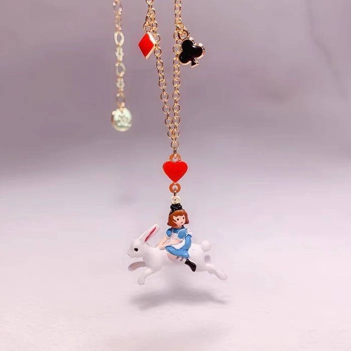 French Handmade Enamel Alice in Wonderland Riding White Rabbit Alarm Clock Necklace