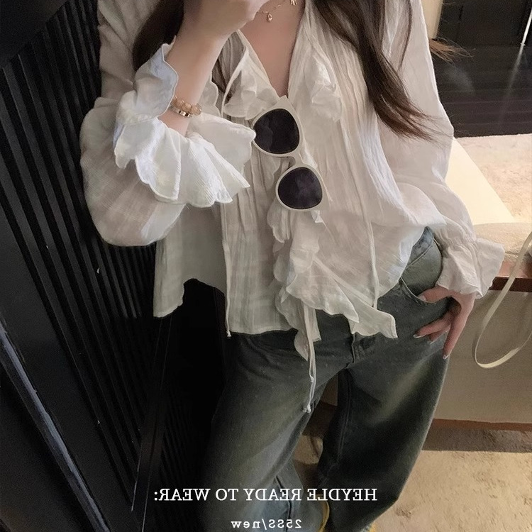 Ruffled White Sun Protection Shirt for Women 2026 Summer New Korean Style Loose Lace-Up Short Long-Sleeved Top Jacket