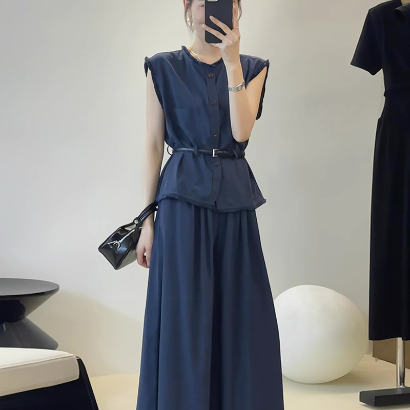 Korean Style High-End Sleeveless Vest Waist-Cinching Shirt Women's Summer New Fashion Casual Wide-Leg Pants Two-Piece Suit for Women