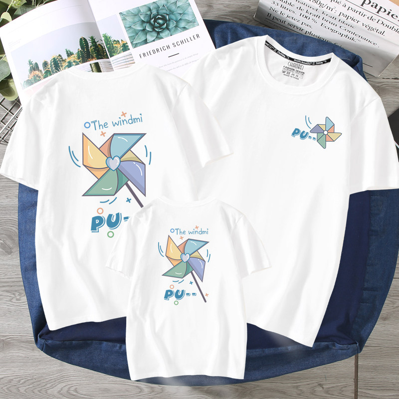 National tide parent-child dress summer windmill short-sleeved t-shirt a family of three and four Chinese style pure cotton mother-child mother-daughter dress ins