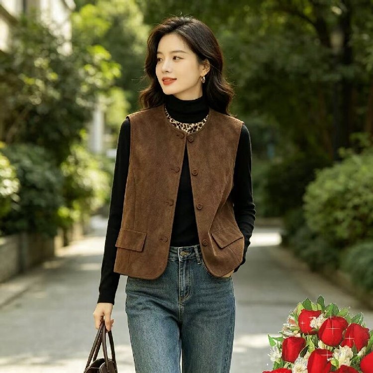 Retro Suede Style Round Neck Vest for Women, New Autum Style Single-Breasted Sleeveless Outerwear, Slimming and Versatile Waistcoat Top for Women