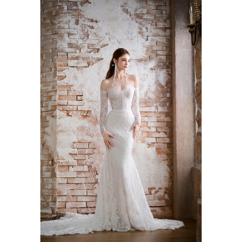 "Xuxu's Gauze" Genuine 2025 New Style Strapless Off-Shoulder Lace Long Mermaid Wedding Dress French Style Long-Sleeve Mermaid Gown