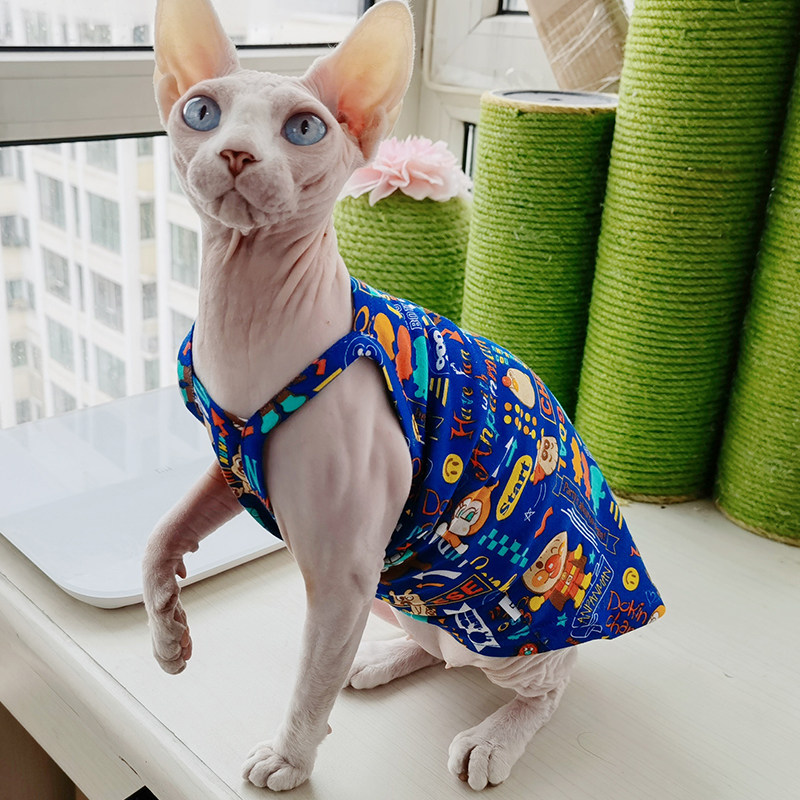 Blue cartoon hanging hairless cat clothes Spinx Stephen Koenis summer pure cotton thin and good breathable