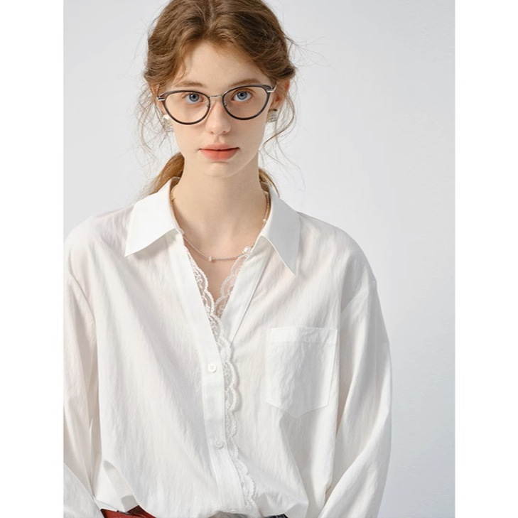 White Shirt for Women, Long-Sleeved, New Style, European Style Lace Trim, Loose Top White Shirt for Women, Long-Sleeved, New Style, European Style Lace Trim, Loose Top