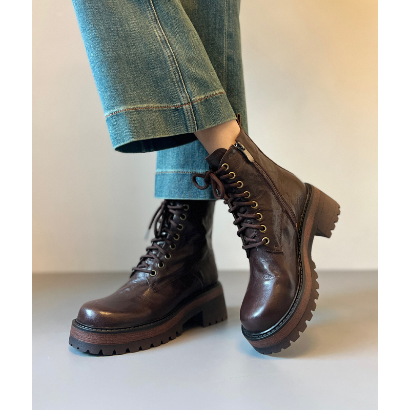 Sixwoo Retro Genuine Leather Boots Thick-Soled Lace-Up Short Boots 6.5cm Versatile New Black Boots