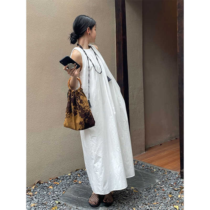 White Dress for Women, Summer 2026 New Style, Pleated Neckline, Sleeveless Babydoll Dress, Elegant and Sophisticated, Tie-Up Long Dress