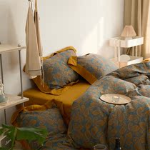 Retro full cotton A type of double layer yarn four pieces of pure cotton with oxygen gauze quilt cover sheet soft nude sleeping four-season bed product 4