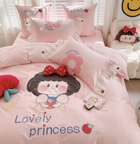 Cartoon Cute Little Girl 100s Long Suede Cotton Four Sets Pure Cotton All-cotton Embroidered Quilt Princess Wind Bed Accessories