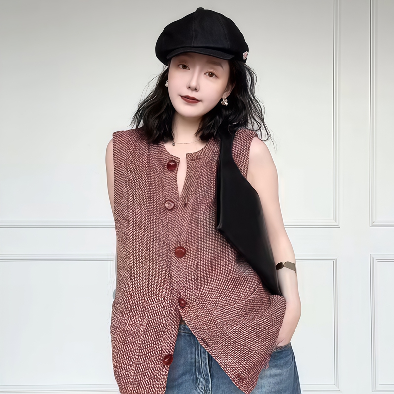 C.I.A｜Ruby｜100% Linen Chanel-Style Artisan Red Vest Layered Waistcoat Top for Women 26 Autumn