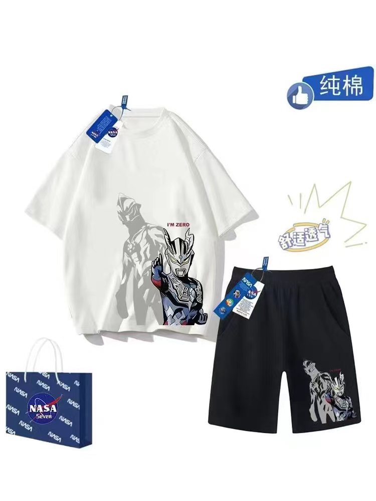 <!--NASA中大童体恤奥特曼衣服男童夏装夏季全棉t恤短袖短裤儿童套装-->
