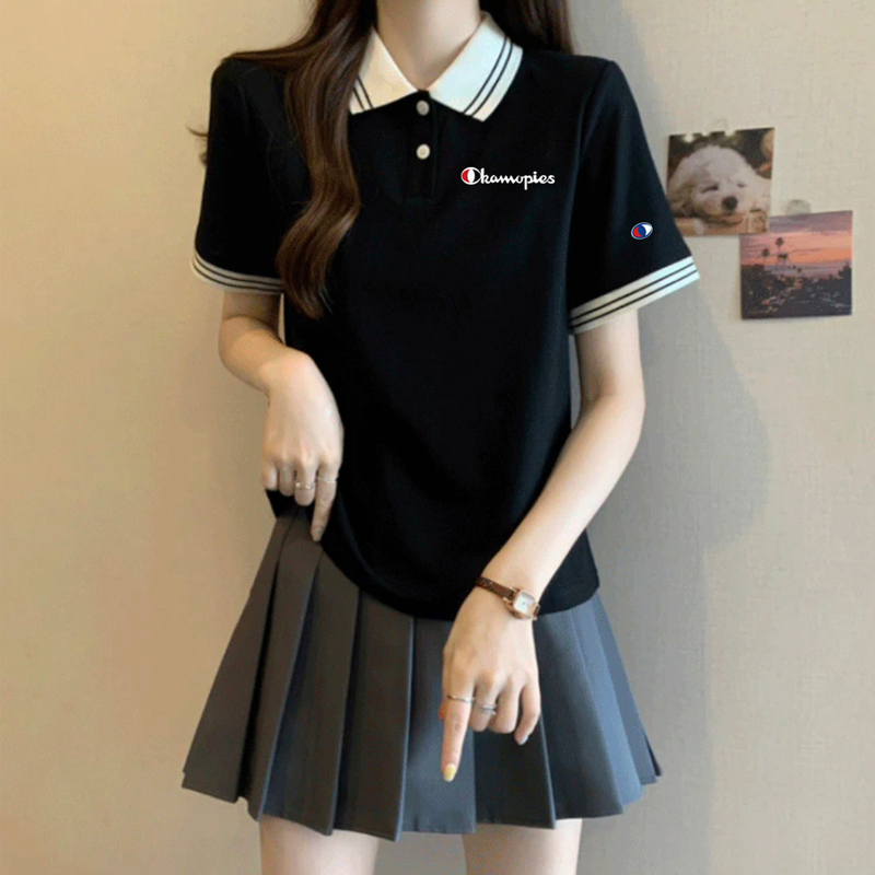 Champion Loose Polo Shirt, Regular Shoulder Short-Sleeve T-Shirt for Women, 2026 Summer New Style, College Style, Color-Blocking, Body-Covering Top