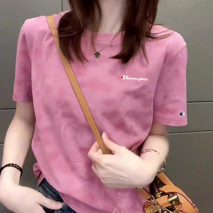 Champion Pink Round Neck Short-Sleeved T-Shirt for Women, New Summer Style, Loose Fit, Pure Cotton, Plus Size, Tummy-Covering, Slimming Top Champion Pink Round Neck Short-Sleeved T-Shirt for Women, New Summer Style, Loose Fit, Pure Cotton, Plus Size, Tummy-Covering, Slimming Top