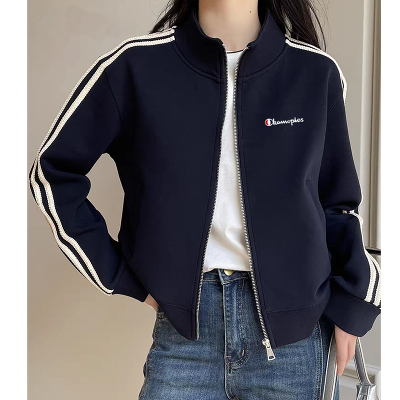 Champion Navy Blue Zip-Up Sweatshirt Jacket for Women 2026 Spring New Three-Stripe Loose Cardigan Jacket Top