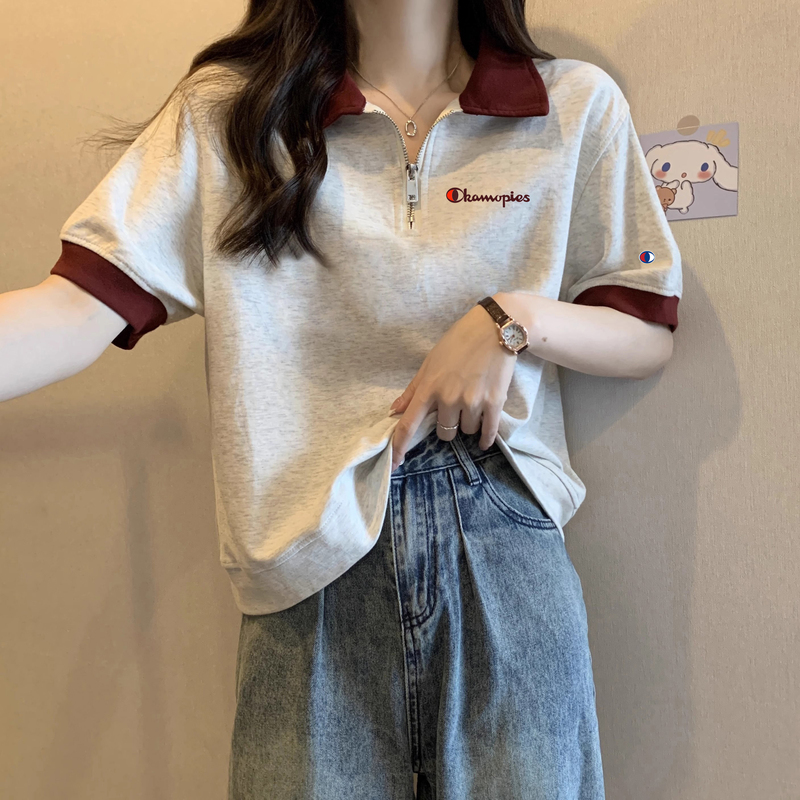 Champion Polo Shirt Short Sleeve Regular Shoulder T-Shirt for Women 2026 Summer New Zipper Design Loose Short Top