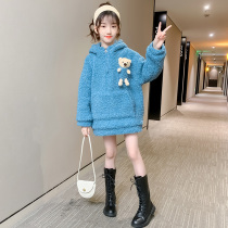 Girls thick clothes 2021 new winter clothes plus velvet warm childrens clothing medium and long wool sweater coat