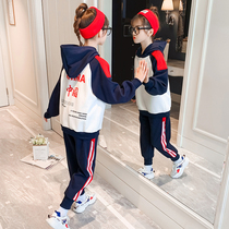 Girls plus velvet padded suit 2021 autumn and winter New style big childrens fashion sports two-piece tide