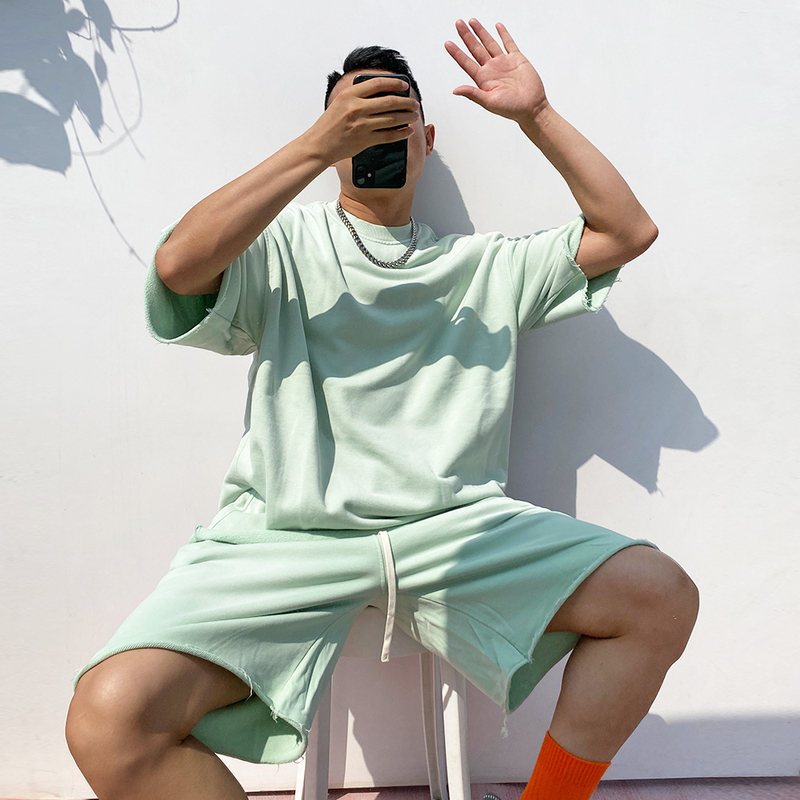 Shanwu 26 Summer New Short-Sleeve T-Shirt and Shorts Two-Piece Set Mint Green Pink Unisex Dopamine Sports American Street Style