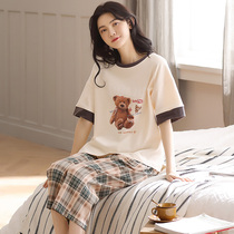 Korean pajamas women cotton short sleeve Capri pants summer home wear Women summer can go out leisure cotton two-piece set