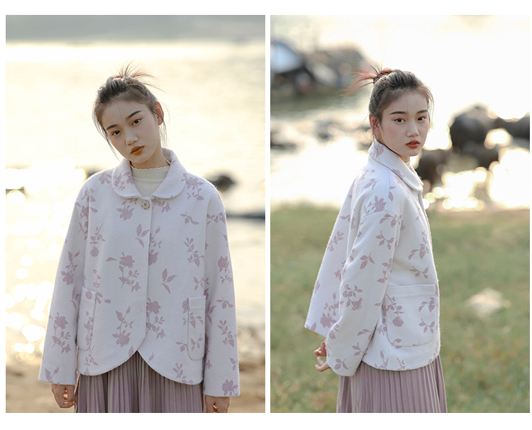 North Ming có một chiếc áo khoác len [trẻ em màu xanh lá cây] nữ retro áo khoác len ngắn hoa áo khoác lót lông nữ