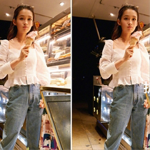 2018 Spring New Star Li Qin same one-word collar slim short ruffle bubble sleeve shirt shirt top Korean women