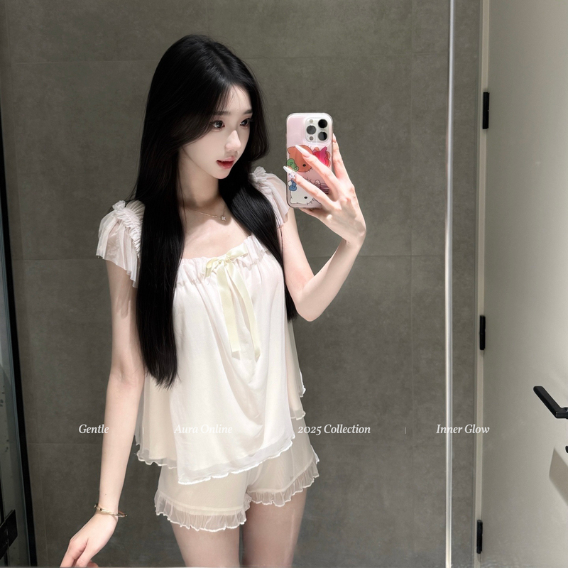 Aura* as Gentle as Jade, Japanese Style Lace Sweet Modal Gauze Pajamas for Women, Princess Style Short-Sleeved Shorts Set for Summer