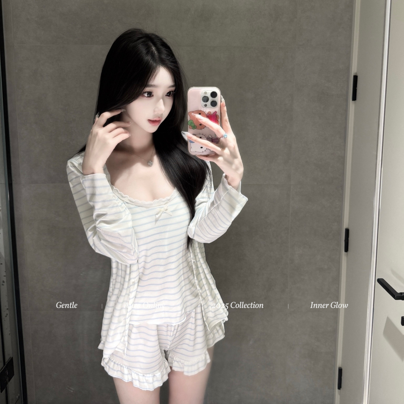 Aura* Soft Blue Coast Blue Striped Homewear Four-Piece Set Spring and Summer Comfortable Lazy Style Korean Style Pajamas for Women
