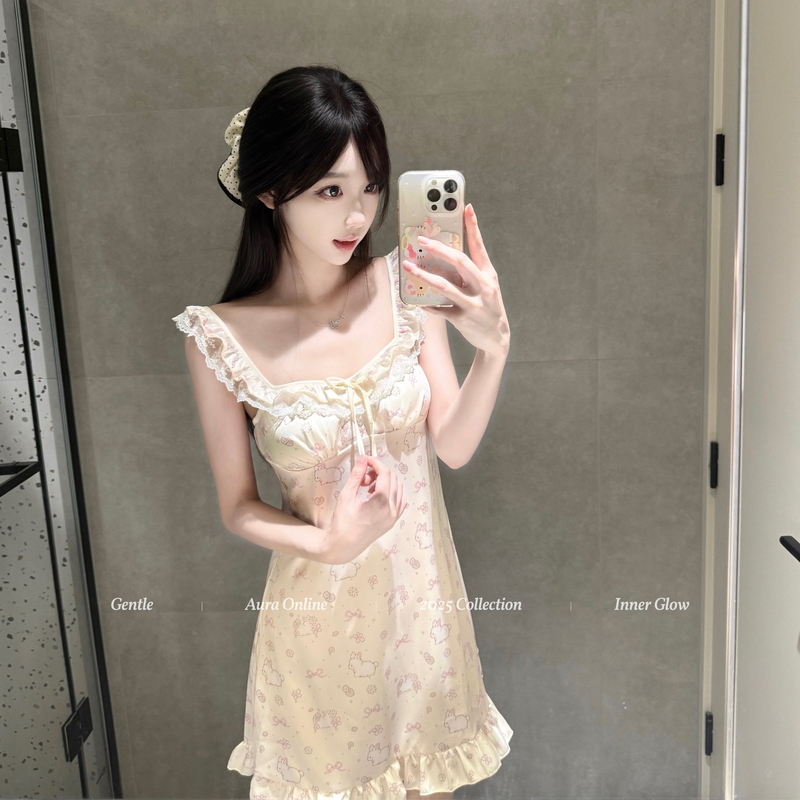 Aura* Honey Heart Language French-Style Sweet Waist-Cinching Cute Nightgown with Small Flutter Sleeves and Lace Cake Skirt Pajama Set for Women