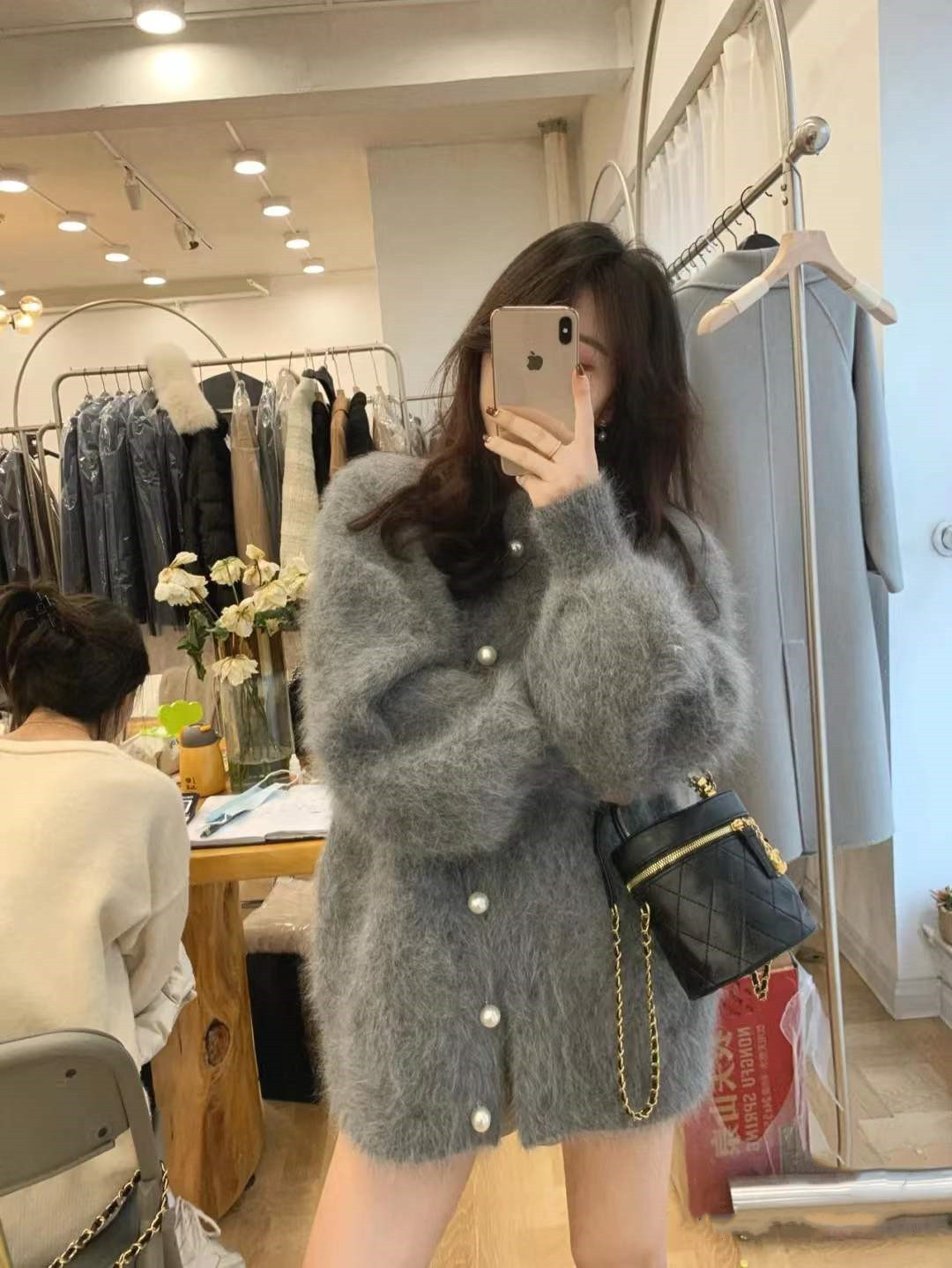 Korean version 2022 Early spring New length ferret fur coat jacket female mid-length version loose thickened Lazy Knit Cardiovert