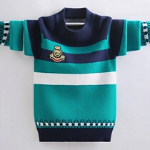 Boy striped sweater spring autumn style CUHK child linen clothes boy warm cover head children beating bottom knit plus suede thickened