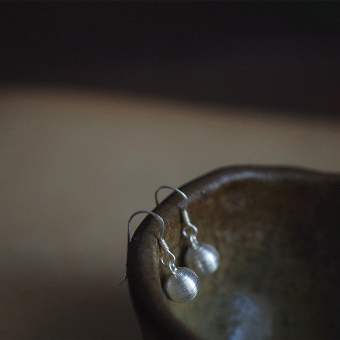 Vatican Tree For handmade-"Round Dance" Sterling Silver Handmade Brushed Round Ball Ear Needle Earrings