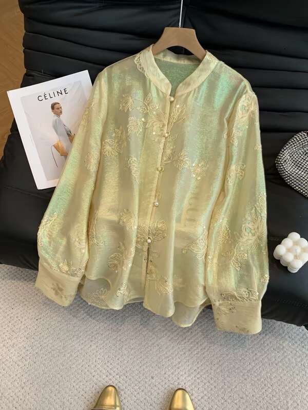 Small Amount of Loss on Sale (Brilliant Gold Flowing Light) Sequin Embroidery Sheer Breathable Top Small Amount of Loss on Sale (Brilliant Gold Flowing Light) Sequin Embroidery Sheer Breathable Top