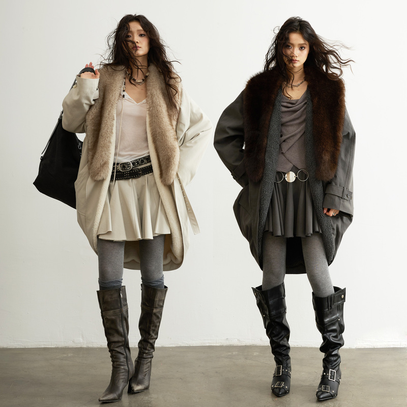 Jnylon-25Aw Urban Nomadic Style Retro Distressed Detachable Fur Collar Shell Long Jacket