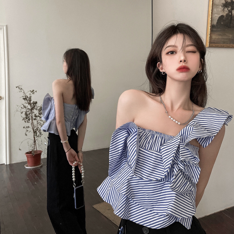One-Shoulder Off-Shoulder Top for Women, Summer 2026 New Design, Irregular Ruffle Edge, Sexy Striped Asymmetrical Shoulder Shirt