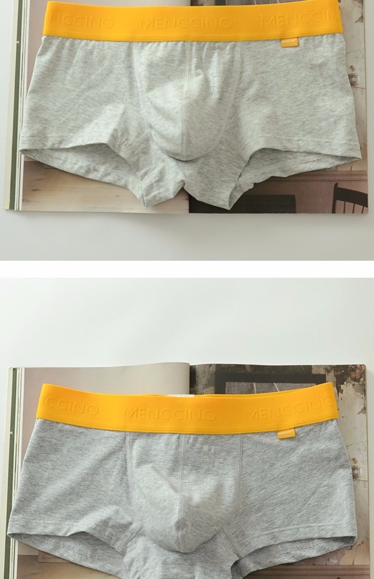 Đồ lót nam đơn giản và thời trang Nhật Bản màu trắng xám chữ in boxer U lồi thiết kế quần short eo thấp quần lót size to