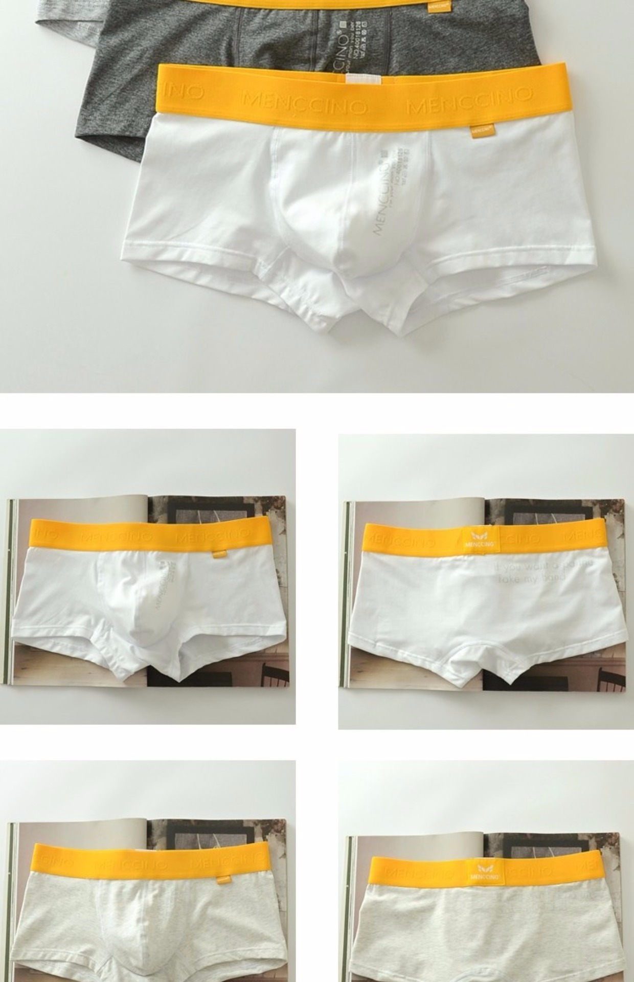 Đồ lót nam đơn giản và thời trang Nhật Bản màu trắng xám chữ in boxer U lồi thiết kế quần short eo thấp quần lót size to