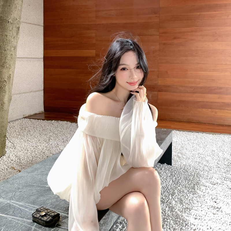 Zhou Yeye White Pure Desire Off-Shoulder Chiffon Shirt Spring and Summer New Long-Sleeve Off-Shoulder Top Women's Blouse Zhou Yeye White Pure Desire Off-Shoulder Chiffon Shirt Spring and Summer New Long-Sleeve Off-Shoulder Top Women's Blouse