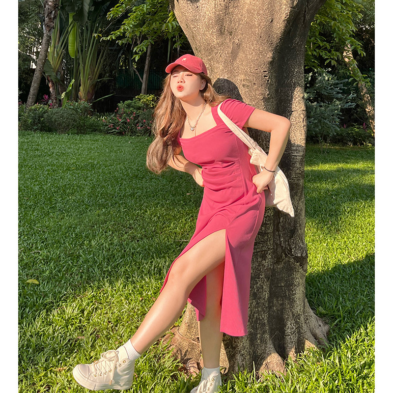 Fbanround big acumen micro-fat mm pink square collar with dress cover with slim dress children Summer design sensant skirt-Taobao