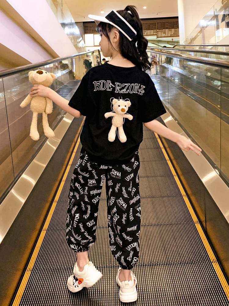 Girls net red suit summer dress 2021 new foreign school girls big children thin summer sports two-piece suit domineering tide brand