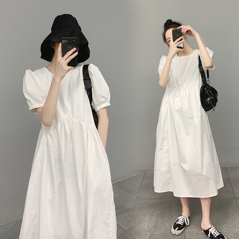 Puff-Sleeved White Dress for Women, New Summer Style, French Style, Large Size, Loose, Slimming, Super Fairy-Like, Sweet and Elegant Long Skirt