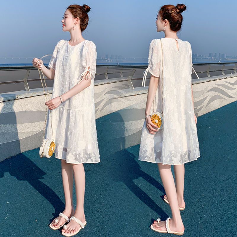Elegant Lace Round Neck White Dress for Women, New Summer Style, Plus Size, Loose, Slimming, Versatile Short-Sleeved A-Line Dress