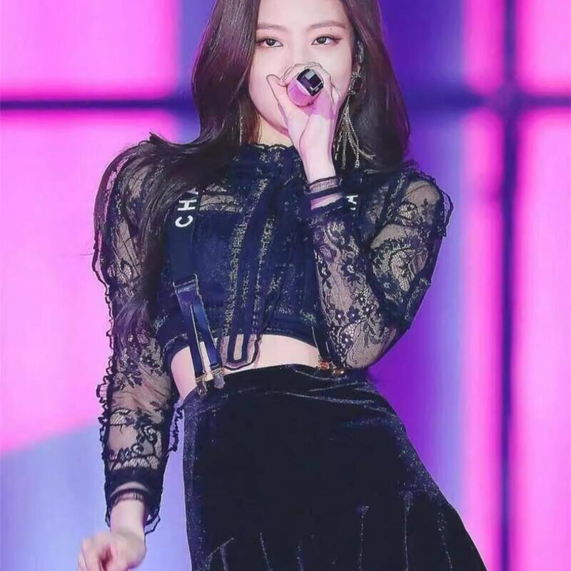Jennie Kim's Same Style Black Lace Performance Outfit Set Dj Lead Dancer Dance Set Jazz Singer Outfit