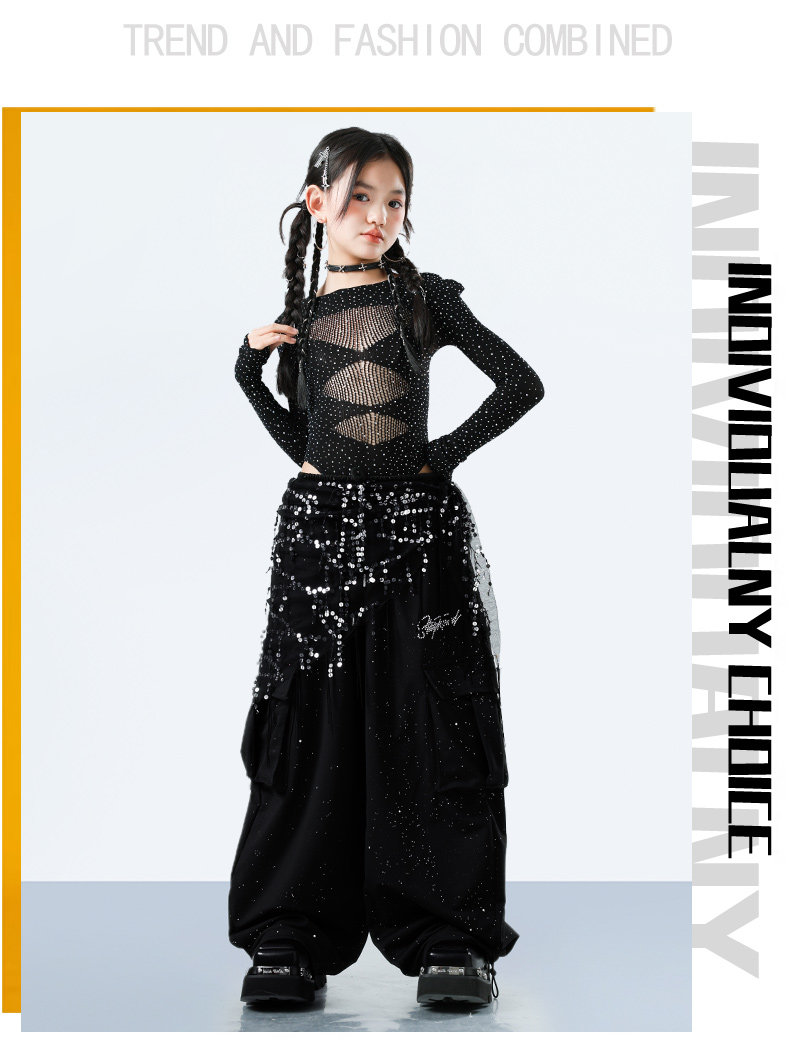 少儿爵士舞服装露脐网纱上衣裤子套装jazz女童街舞潮服六一演出服 — 19