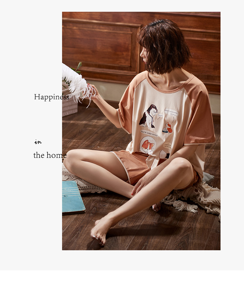 Bộ đồ ngủ nữ mùa hè cotton mỏng tay ngắn Hàn Quốc Dễ thương vui vẻ Học sinh nữ mặc nhà dịch vụ - Bộ Pajama pijama