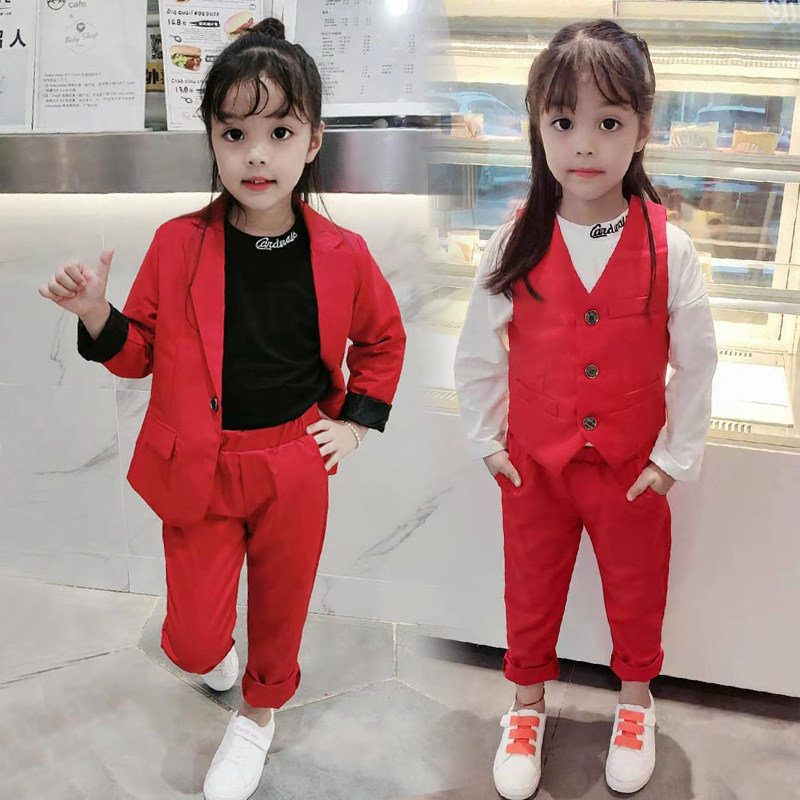 Girls' suit suit western style fashionable children's red small suit three-piece girl fashion catwalk costume tide